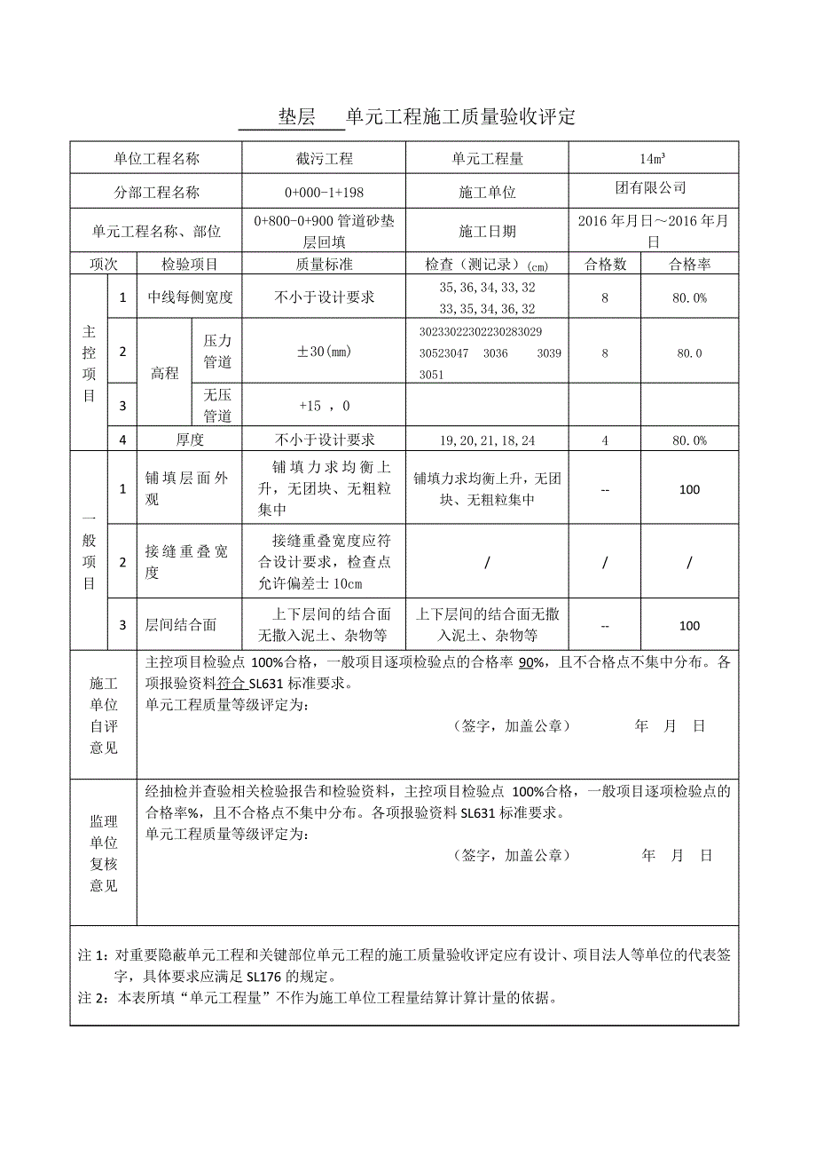 垫层单元工程施工质量验收评定表_第1页