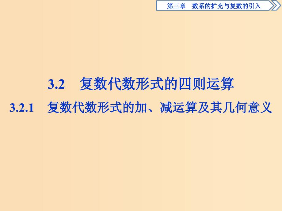 2018-2019学年高中数学 第三章 数系的扩充与复数的引入 3.2.1 复数代数形式的加、减运算及其几何意义课件 新人教A版选修2-2.ppt_第1页