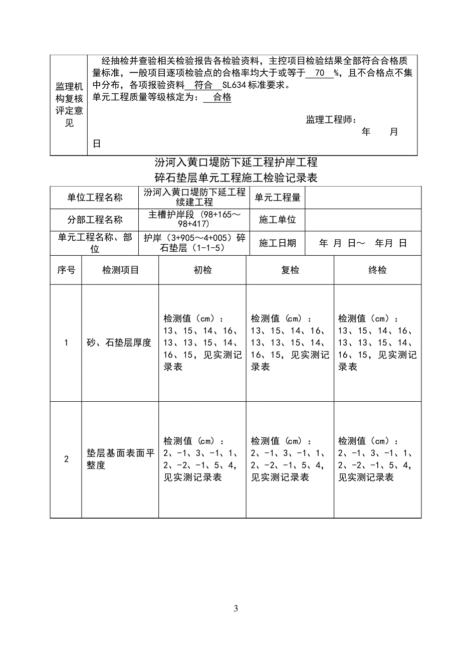 砂垫层单元工程施工质量验收评定表987_第3页