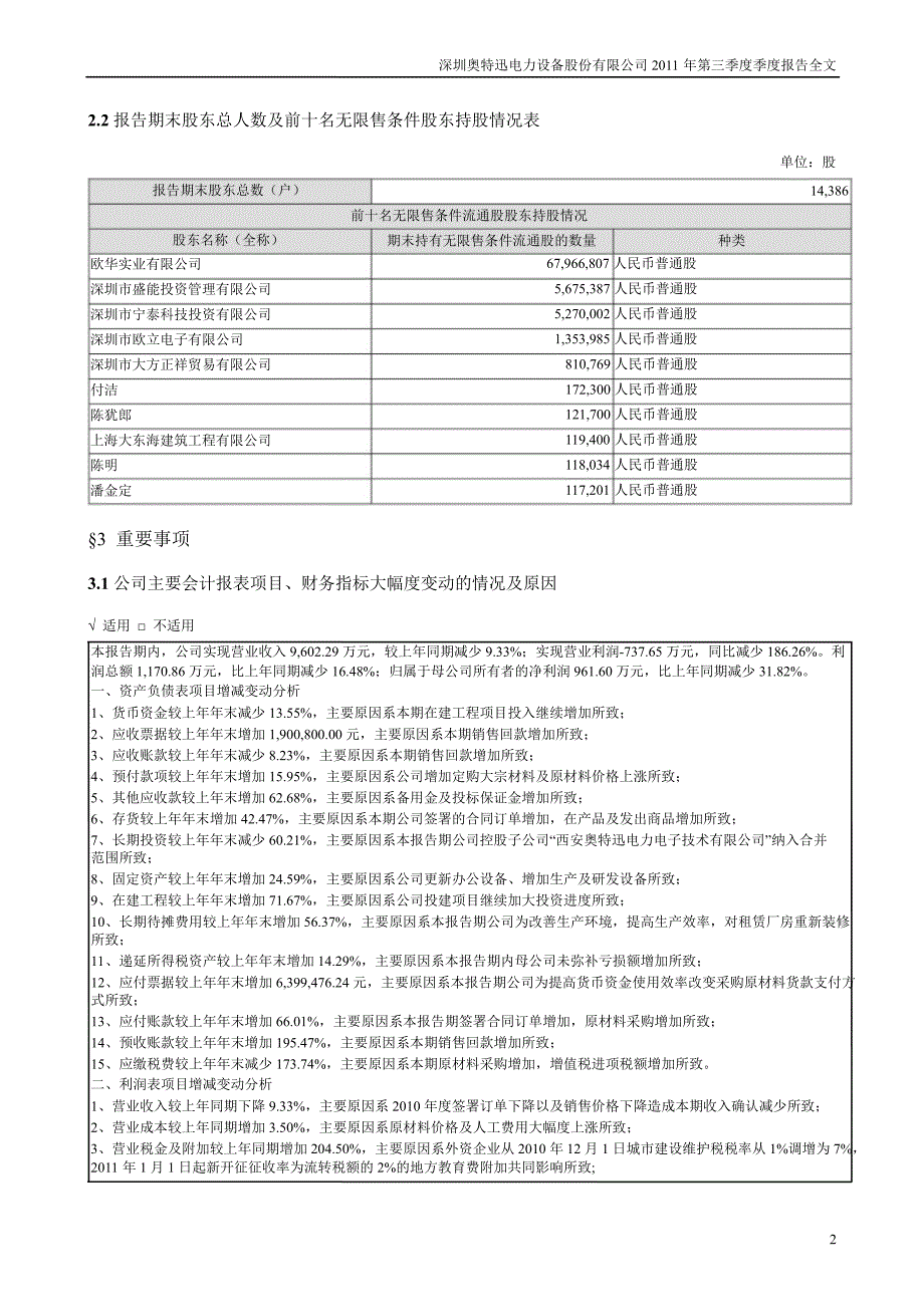 奥 特 迅：第三季度报告全文_第2页