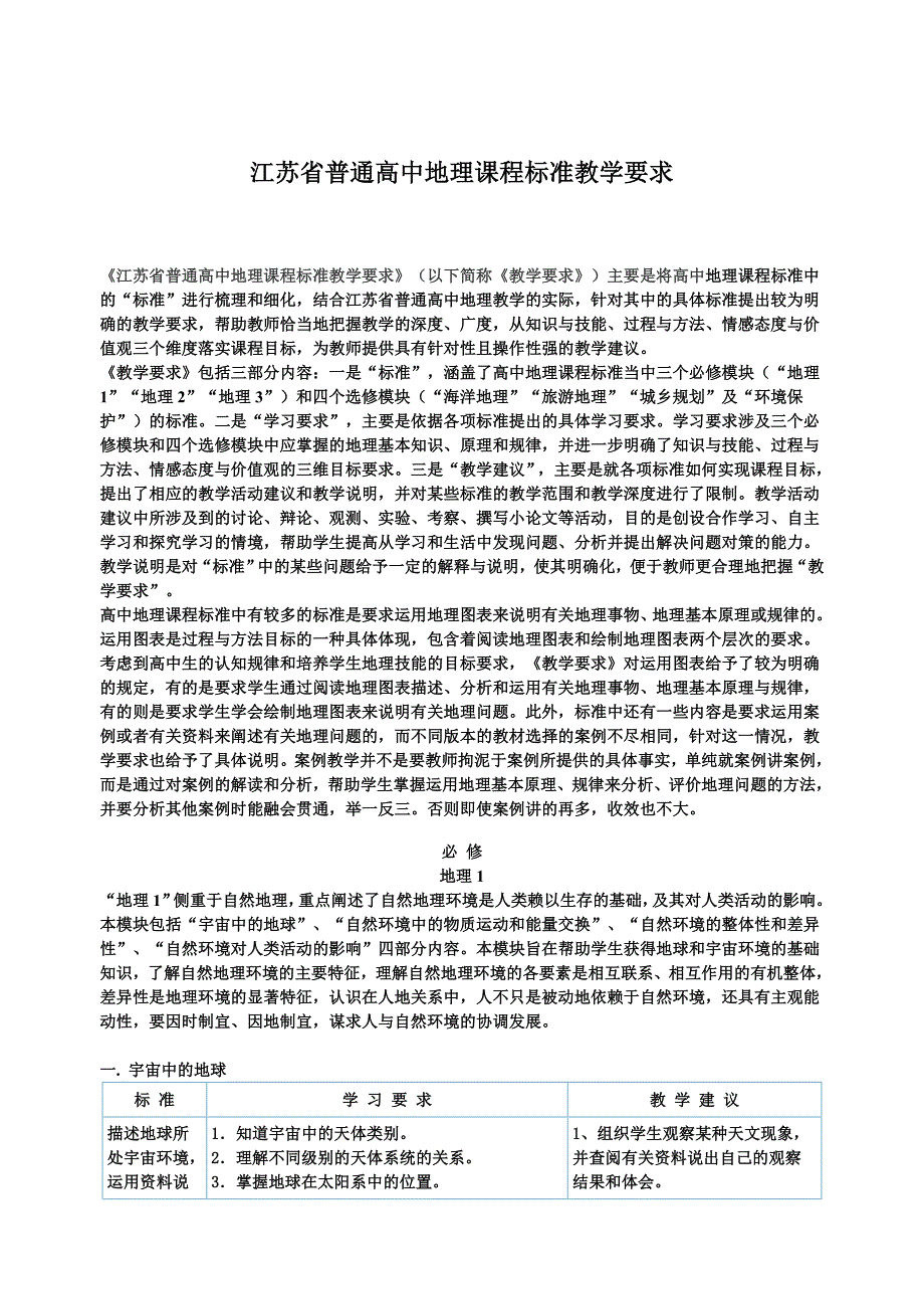 江苏省高中地理课程标准教学要求_第1页