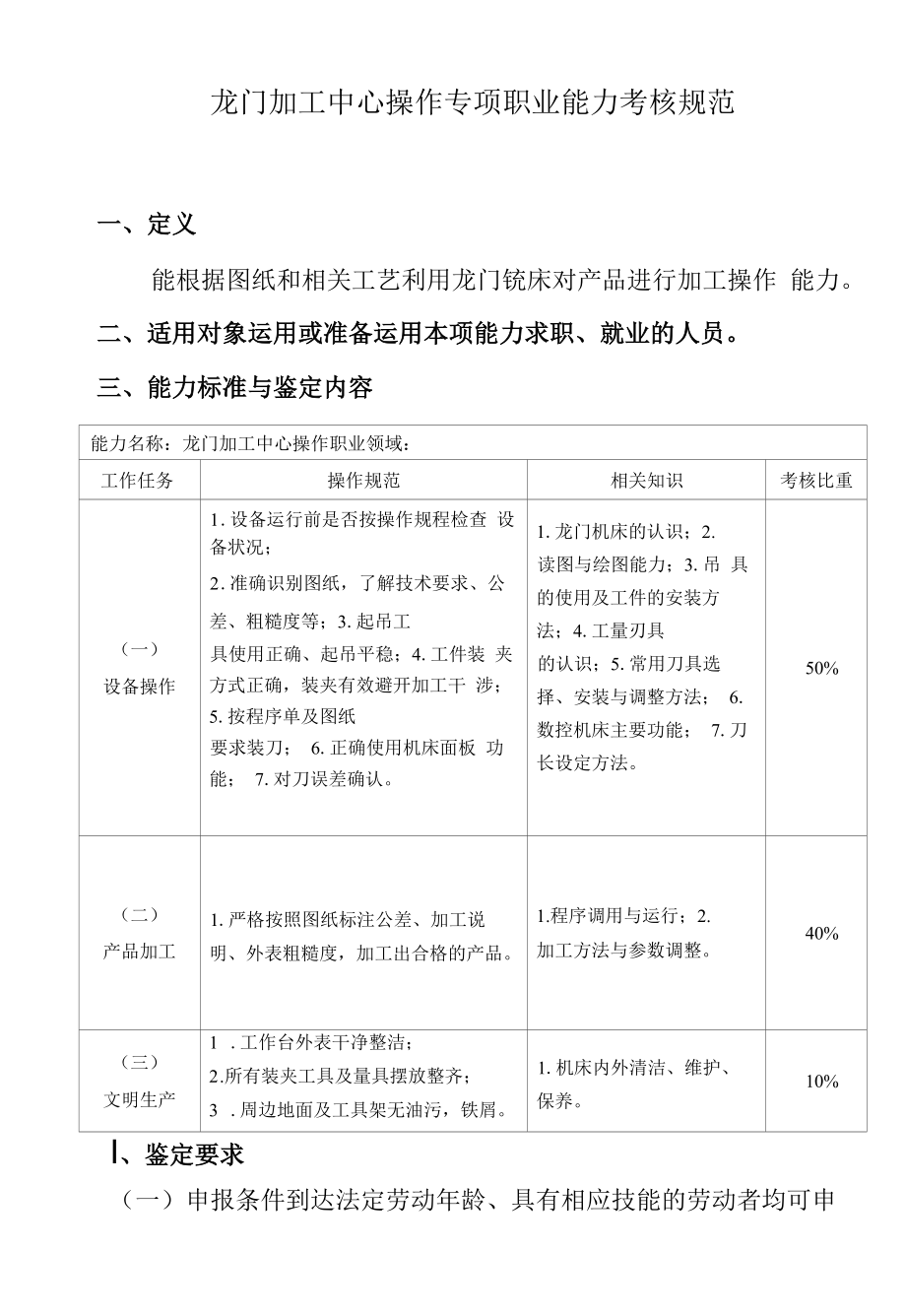 广东省专项职业能力考试 证书 龙门加工中心操作 专项职业能力考核规范_第1页