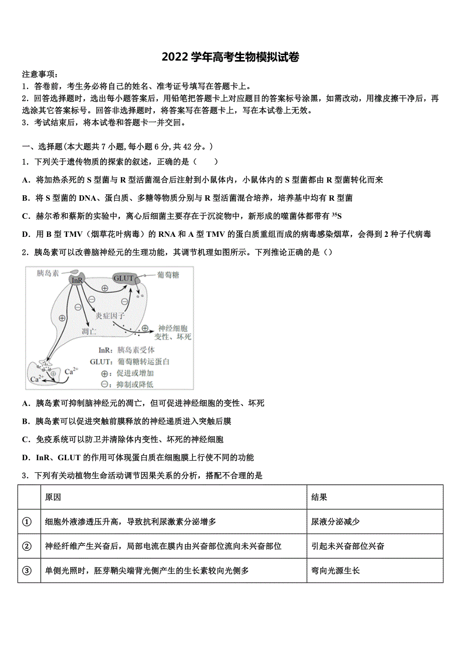 山东省安丘市第二中学2022年高三3月份模拟考试生物试题(含解析）_第1页