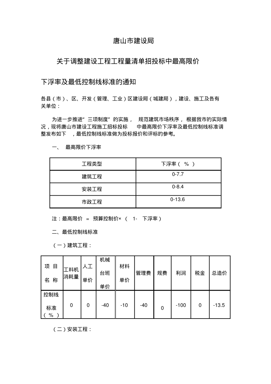 下浮率及最低控制线标准的通知_第1页