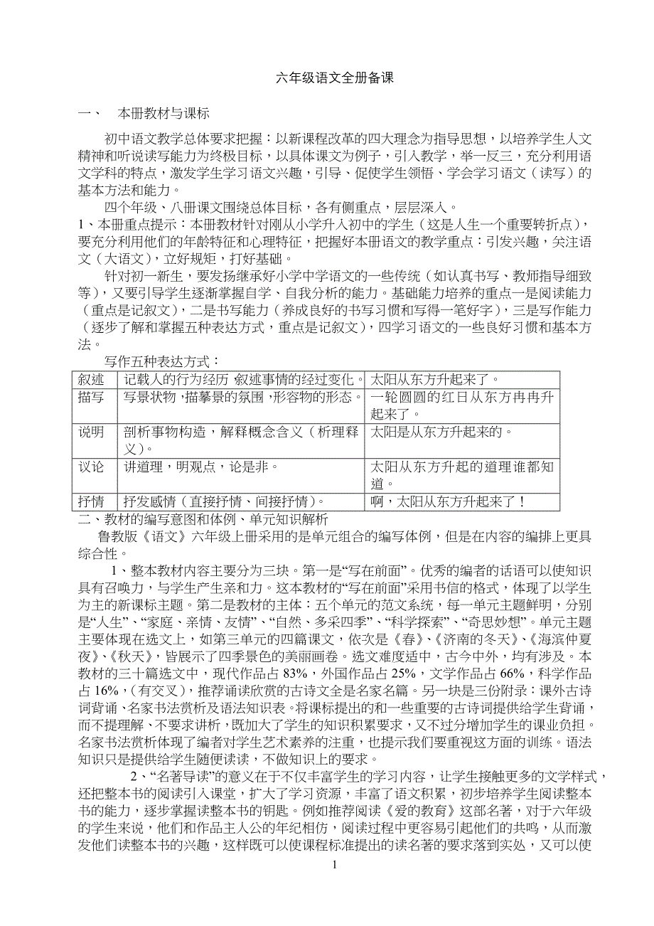 鲁教版小学六年级语文上册全册备课_第1页