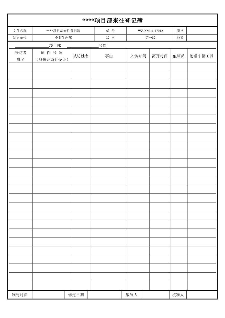 【工程施工-常用台账表格】12、项目部来访登记表__第1页