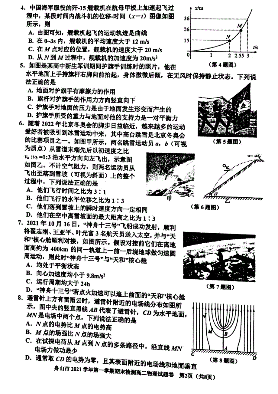 舟山市高二上学期期末检测物理试题含答案_第2页