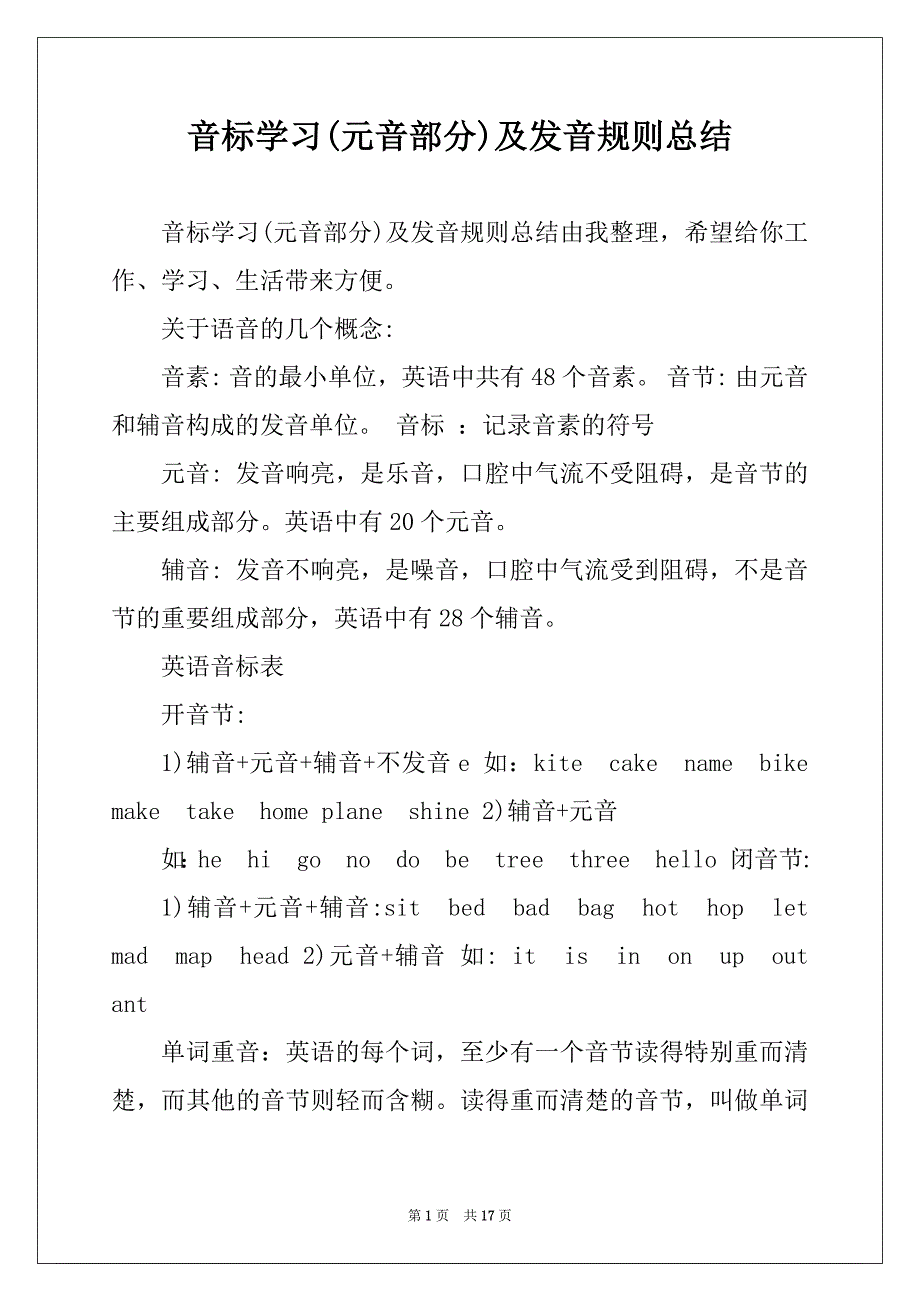 音标学习(元音部分)及发音规则总结_第1页