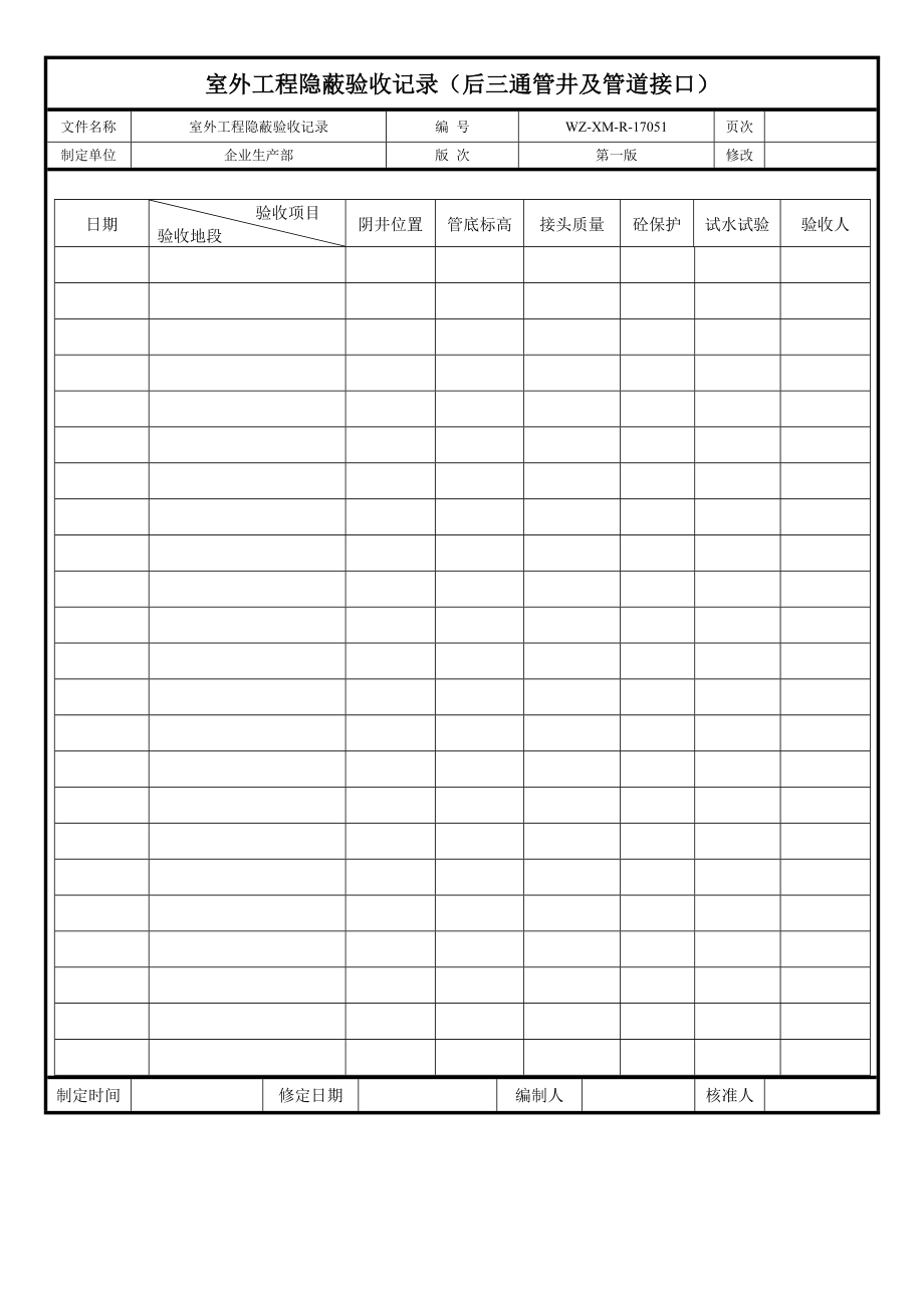 【工程施工-常用台账表格】51、室外工程隐蔽验收记录（后三通管井及管道接口)__第1页