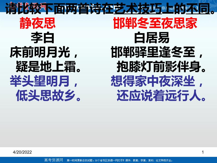 高二语文粤教版选修唐诗宋词元散曲选读教学课件3、杜甫诗五首月夜_第1页