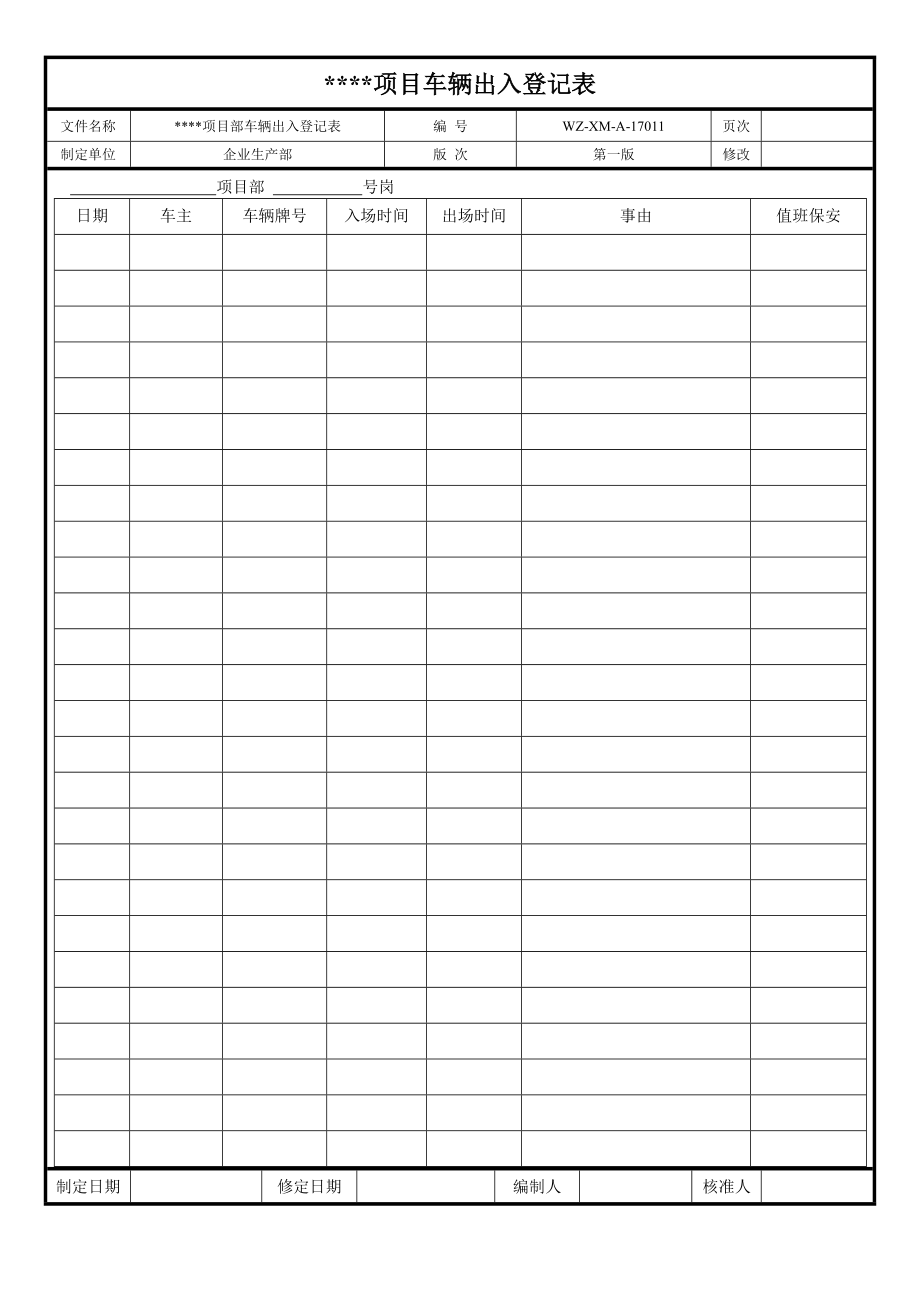 【工程施工-常用台账表格】11、项目部车辆出入登记表__第1页