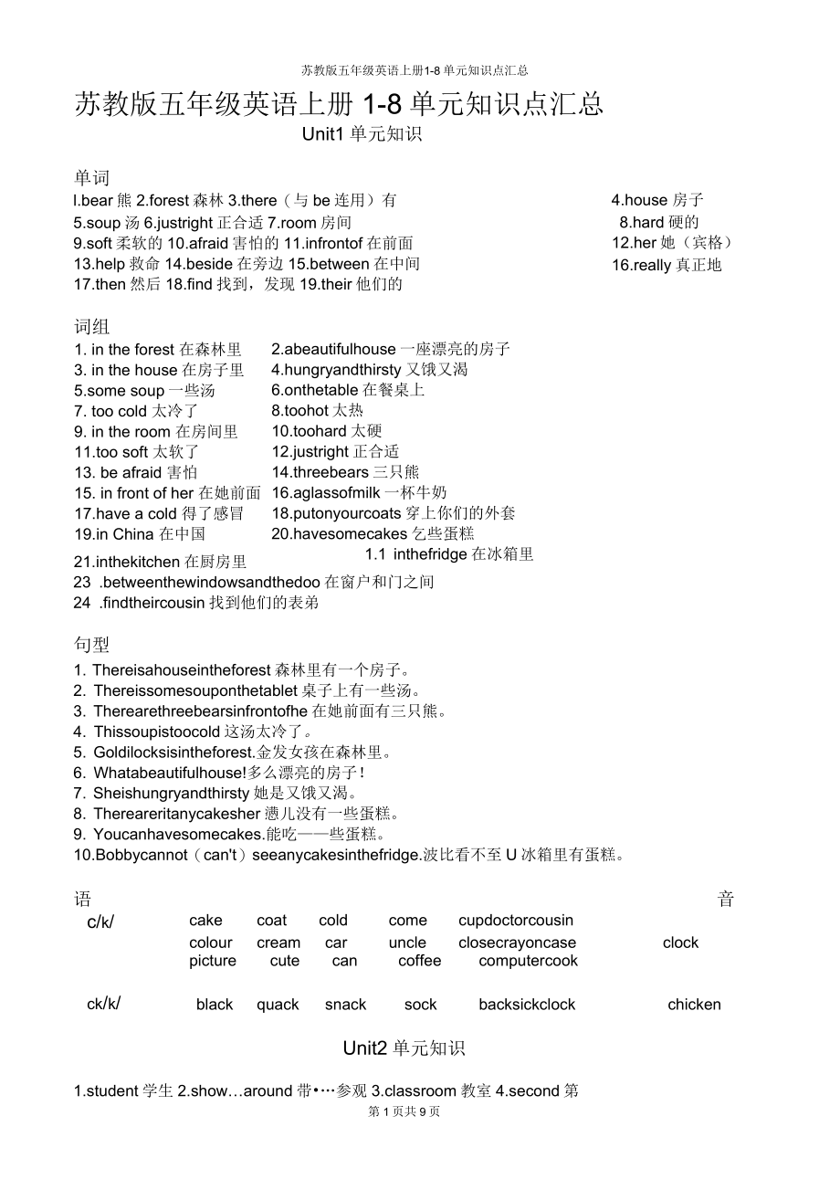 苏教版五年级英语上册1-8单元知识点汇总_第1页