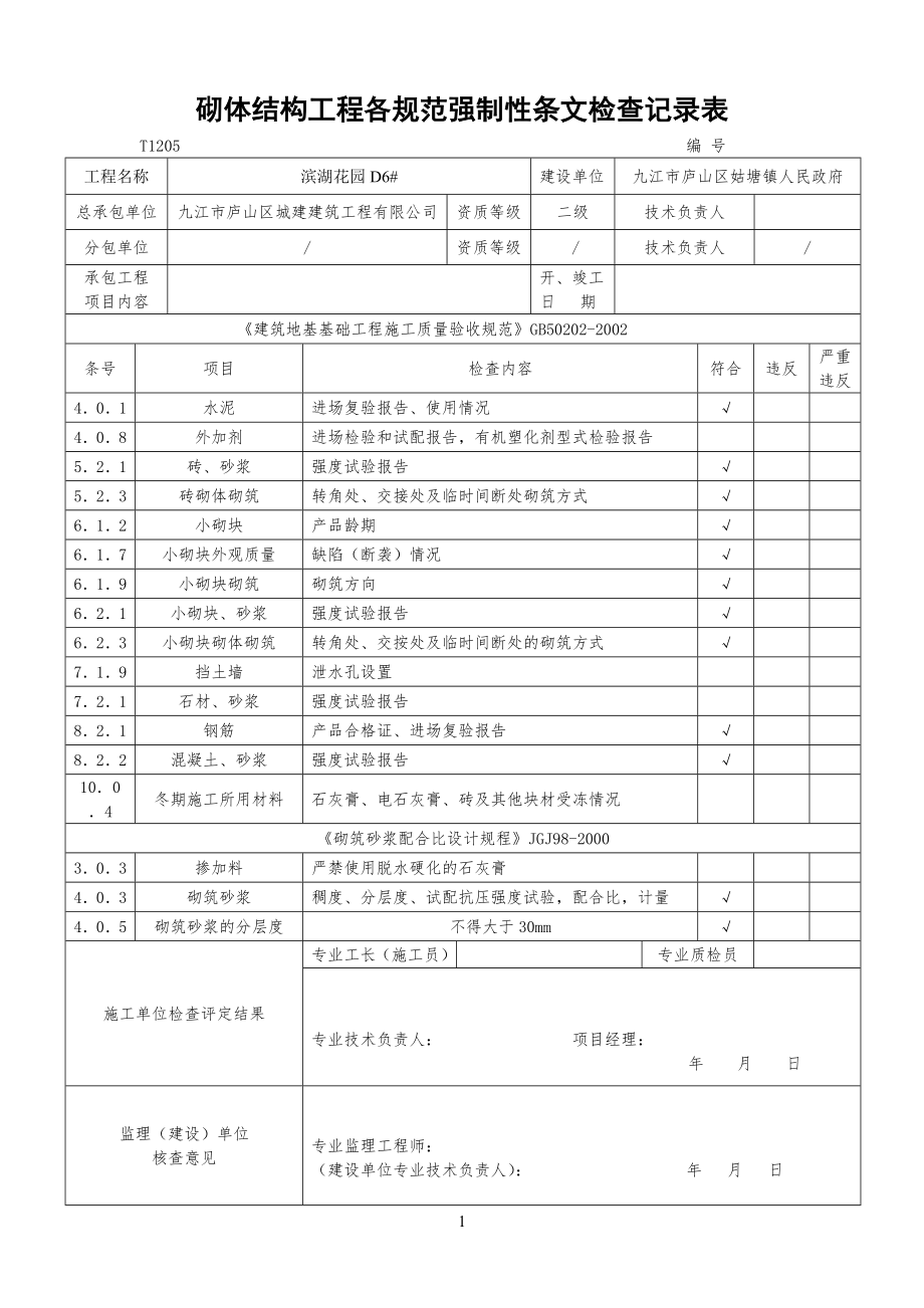 砌体结构工程工各规范强制性条文检查记录表_第1页