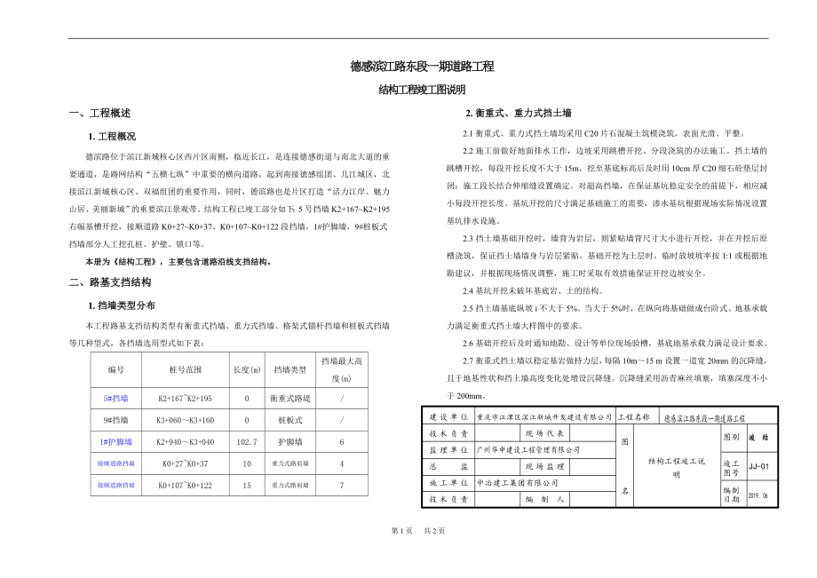 德感滨江路东段一期道路工程结构工程竣工图说明_第1页