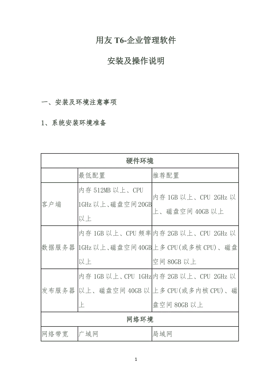 用友T6-公司企业管理软件安装及操作说明_第1页