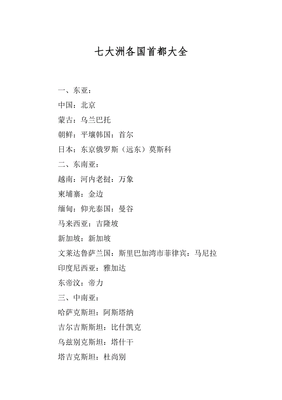 七大洲各国首都大全例文_第1页