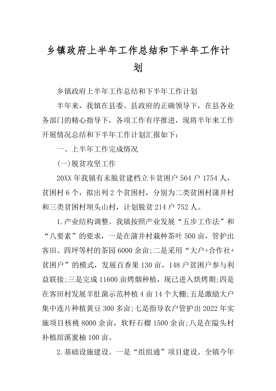 乡镇政府上半年工作总结和下半年工作计划精编_第1页