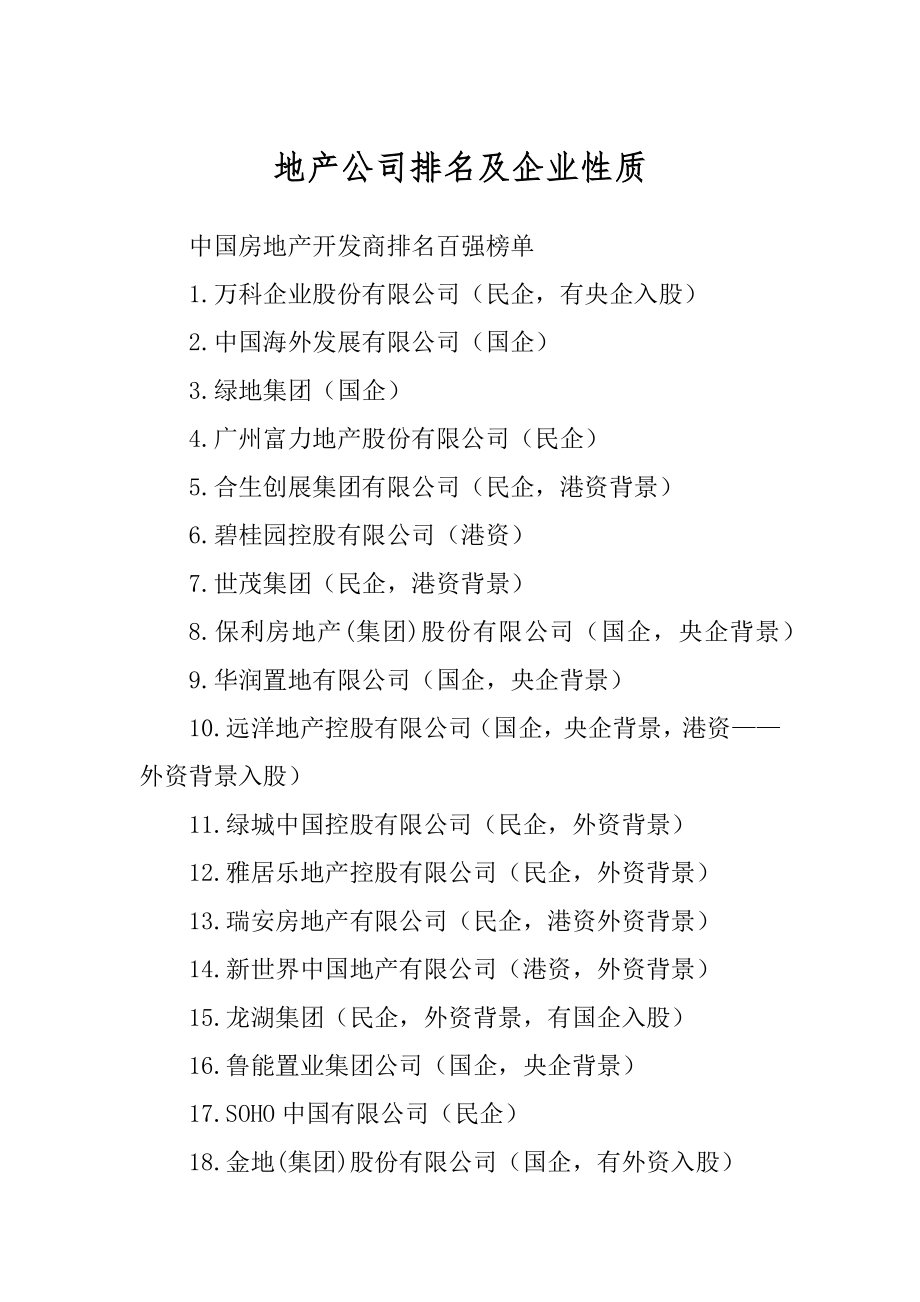 地产公司排名及企业性质汇总_第1页