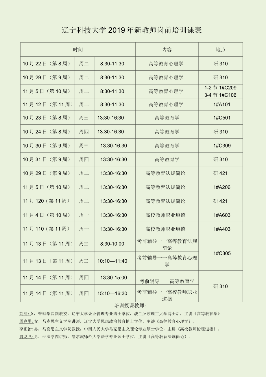 辽宁科技大学2019年新教师岗前培训课表_第1页