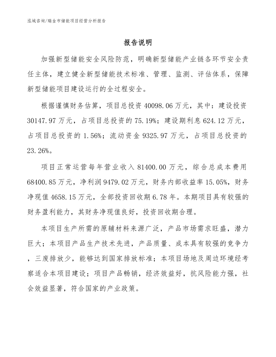 瑞金市储能项目经营分析报告【模板参考】_第1页