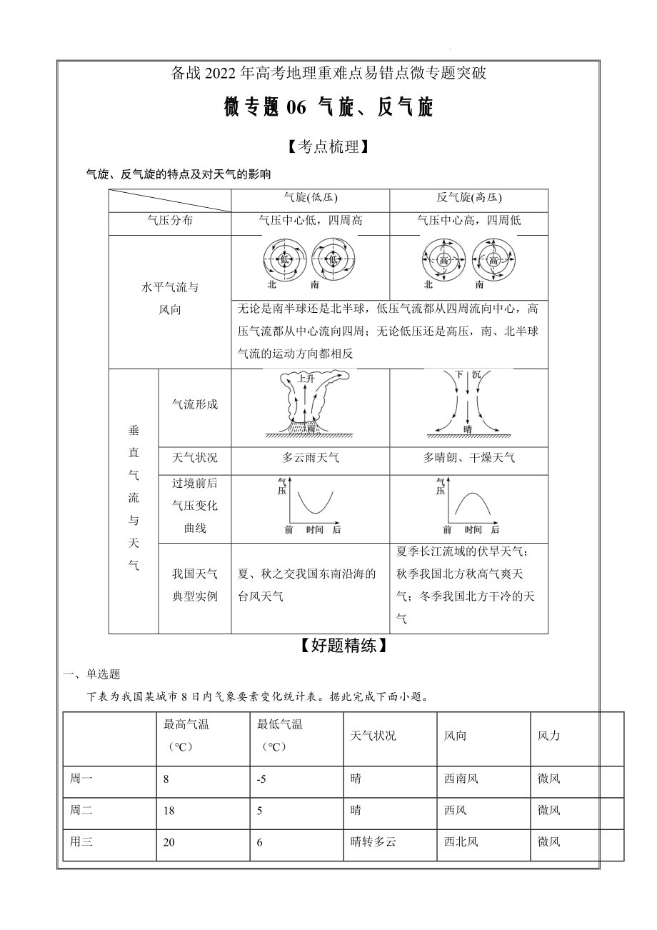 备战2022年高考地理重难点易错点微专题突破06 气旋、反气旋（解析版）_第1页