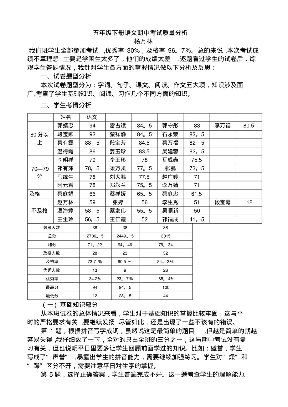 五年级下册语文期中考试质量分析(20220328070016)_第1页