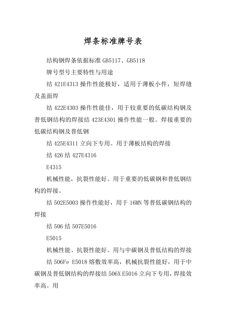 焊条标准牌号表精品_第1页