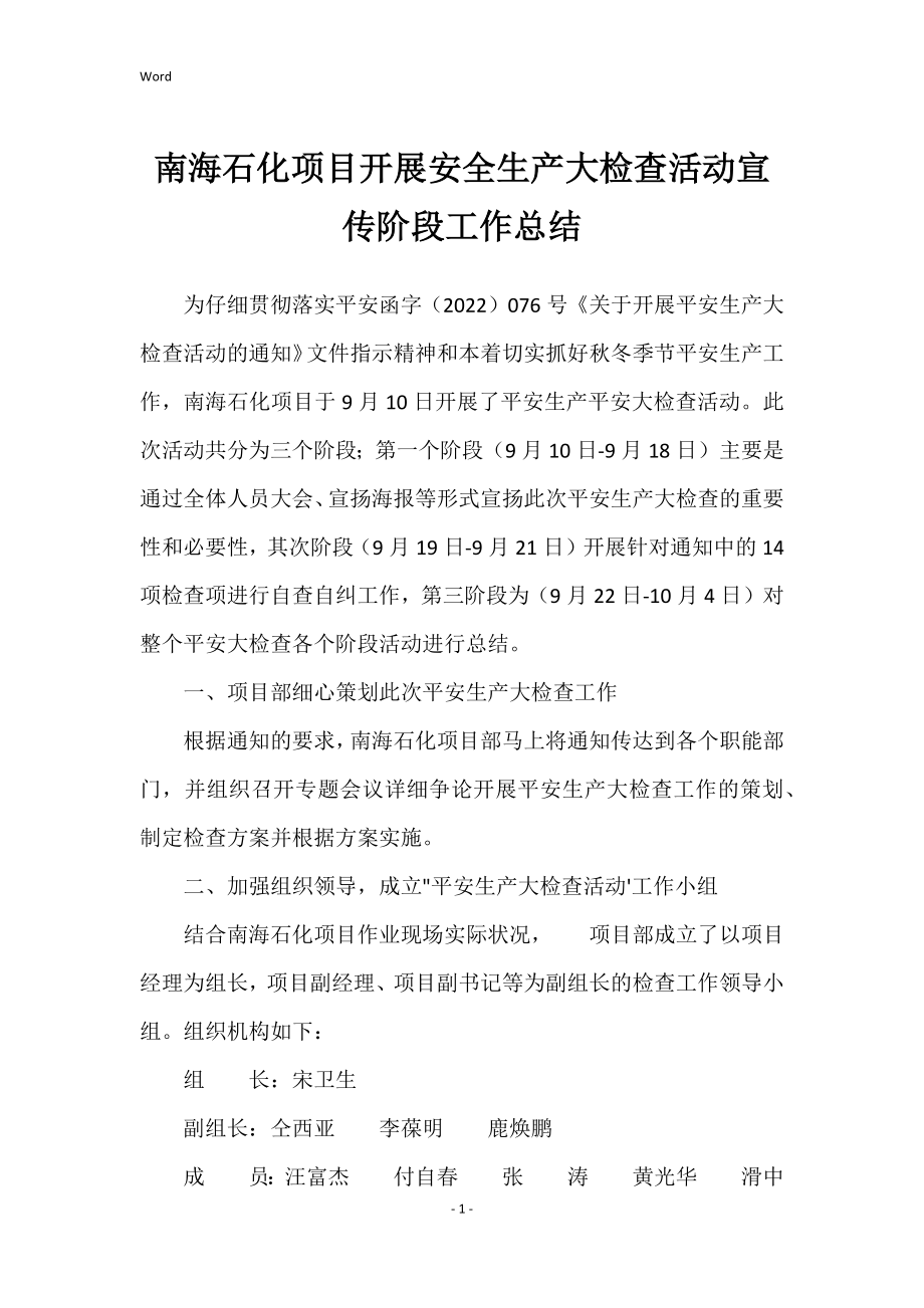 2022年南海石化项目开展安全生产大检查活动宣传阶段工作总结_第1页