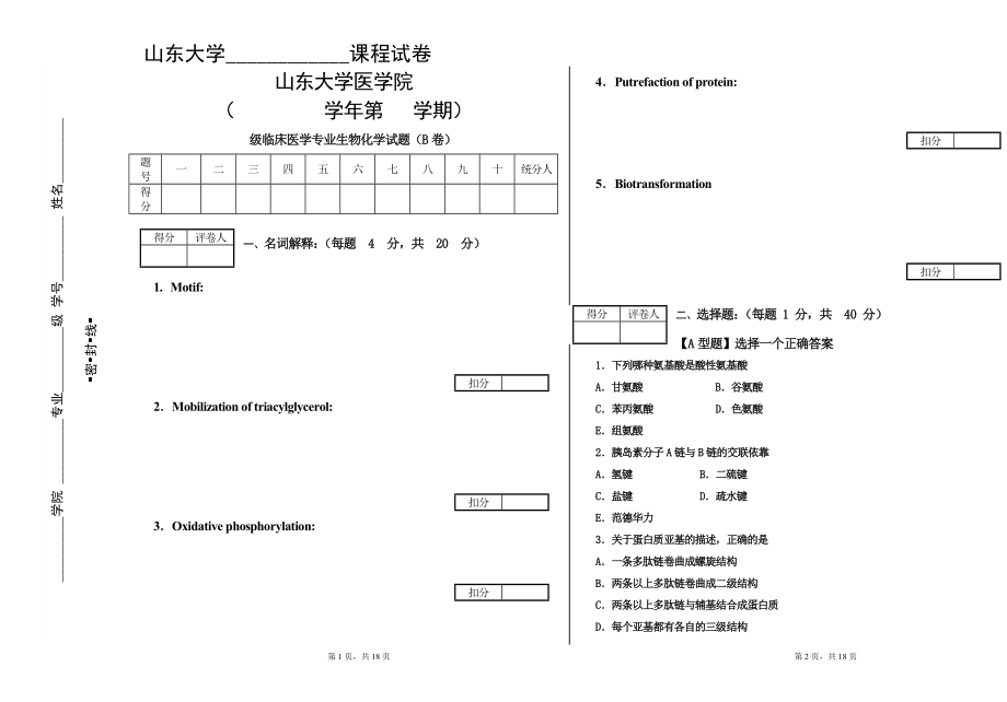 山东大学生物化学期末考试试题（B卷）及答案_第1页