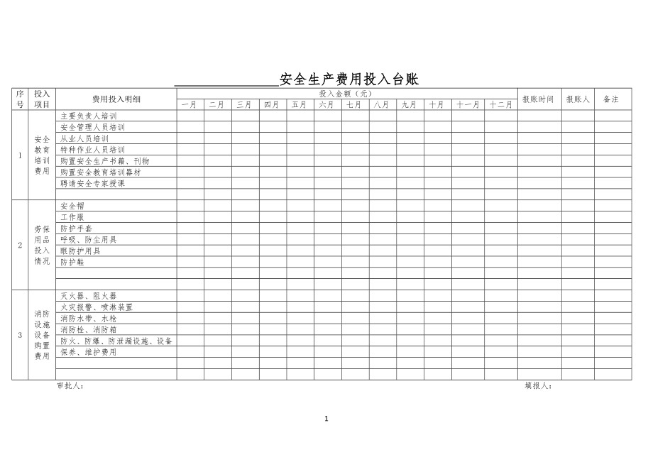 安全安全生产费用投入台账(模版)_第1页