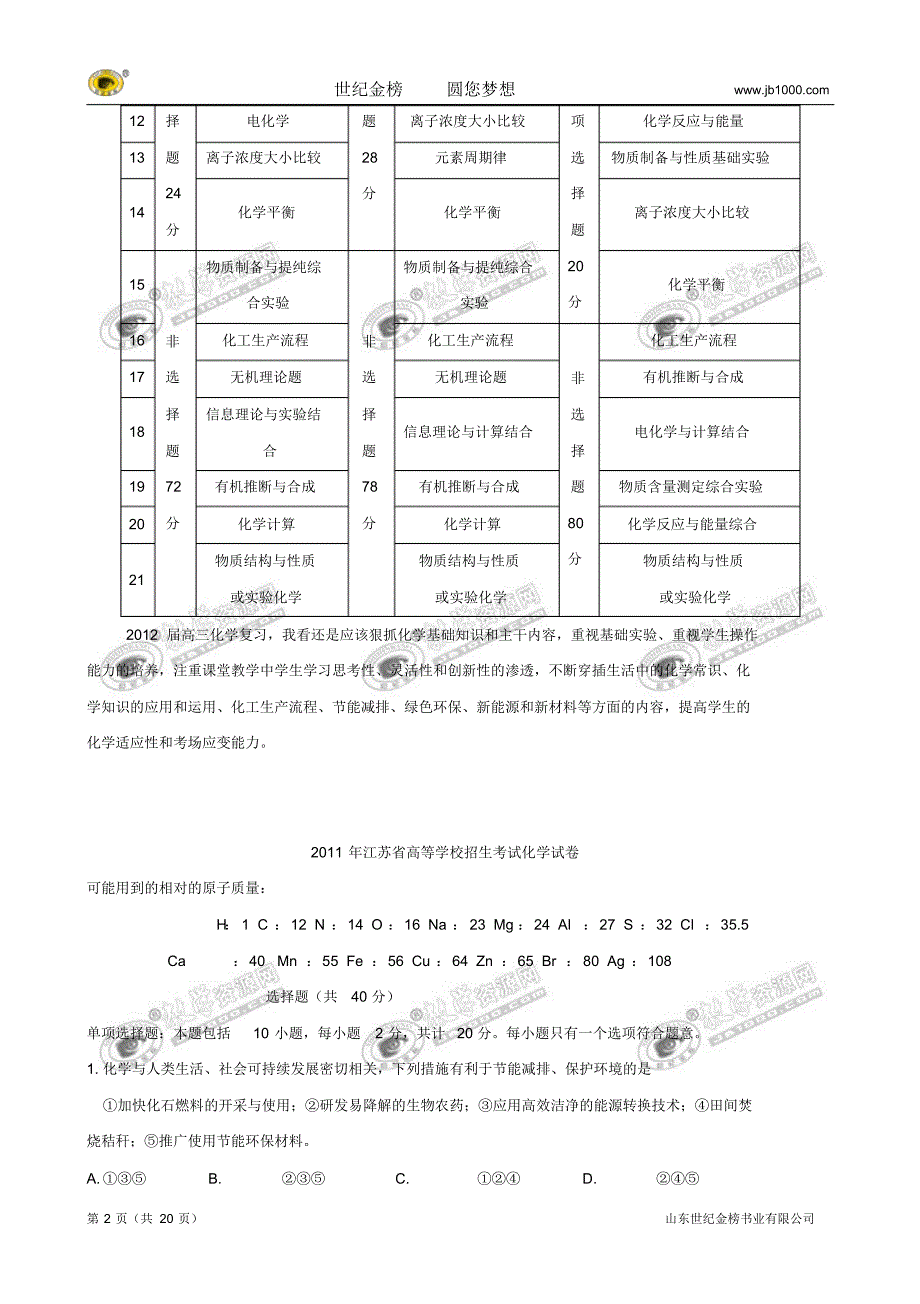 普通高等学校招生全国统一考试(江苏卷)(化学)解析版归类_第2页