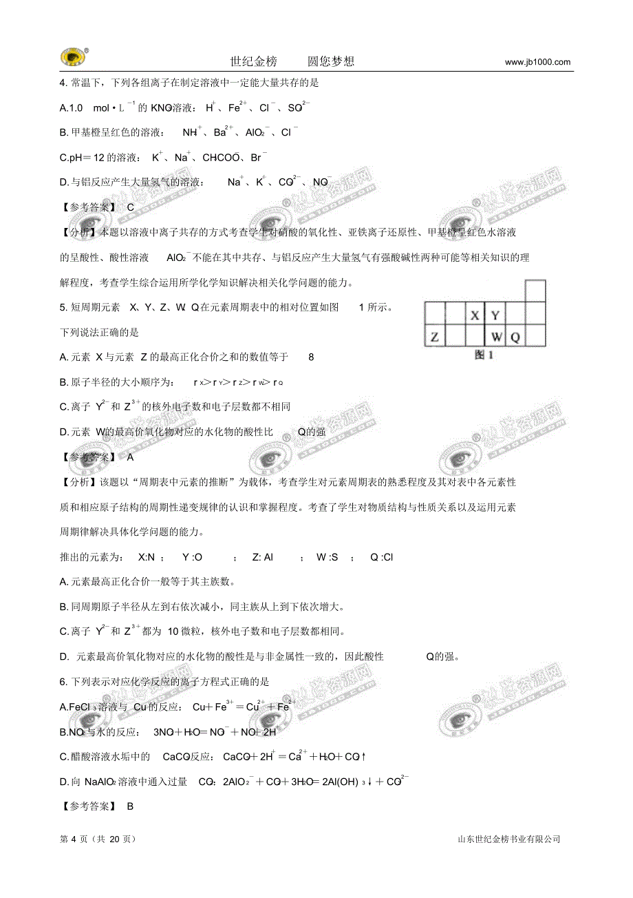 普通高等学校招生全国统一考试(江苏卷)(化学)解析版归类_第4页