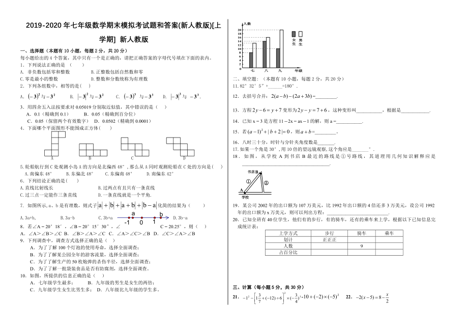 2019-2020年七年级数学期末模拟考试题和答案(新人教版)[上学期]--新人教版_第1页