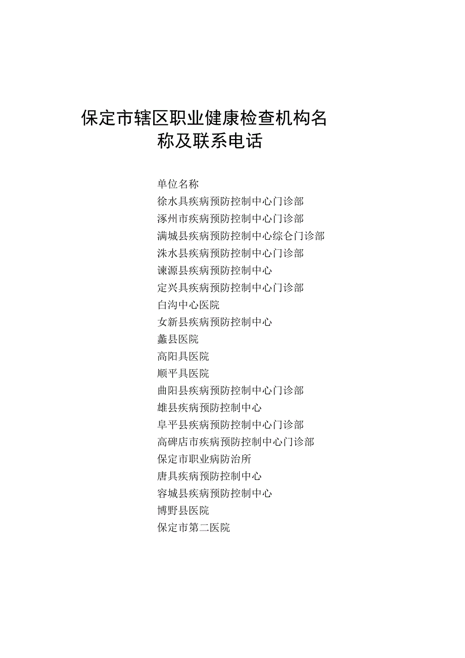 保定市辖区职业健康检查机构名称及联系电话_第1页