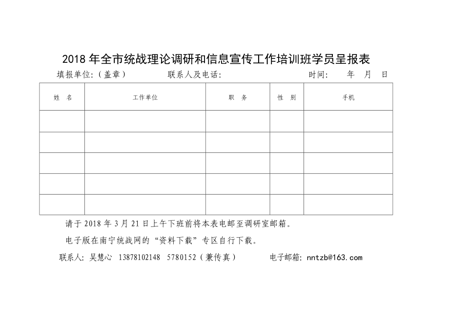 2018年全市统战理论调研和信息宣传工作培训班学员呈报表_第1页