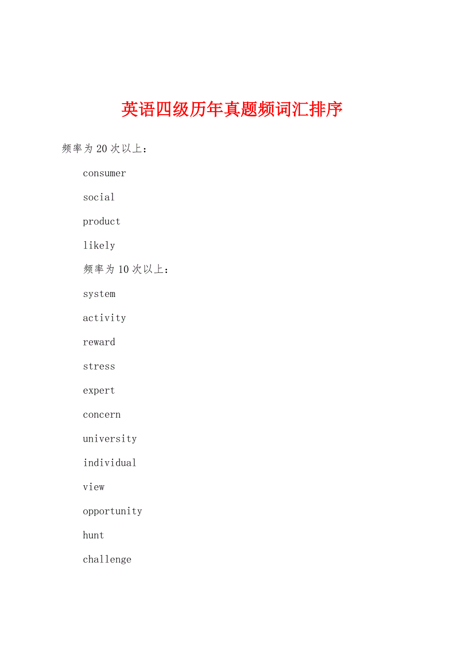 英语四级历年真题频词汇排序_第1页