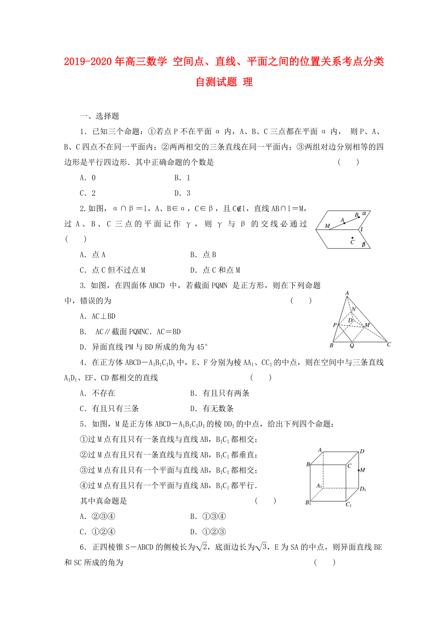 2019-2020年高三数学-空间点、直线、平面之间的位置关系考点分类自测试题-理_第1页