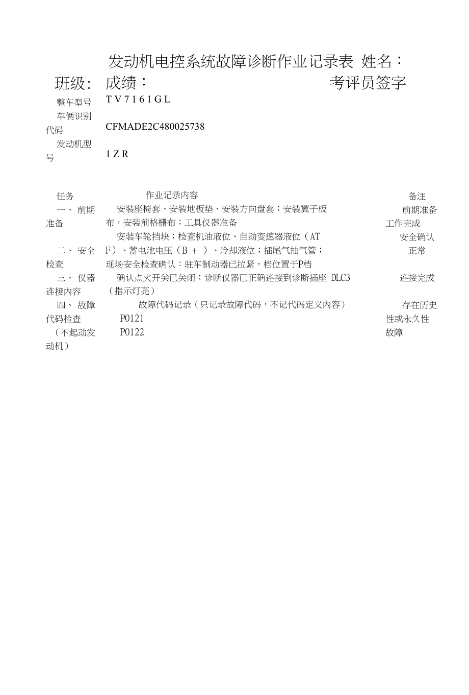 卡罗拉发动机故障诊断作业记录表_第1页