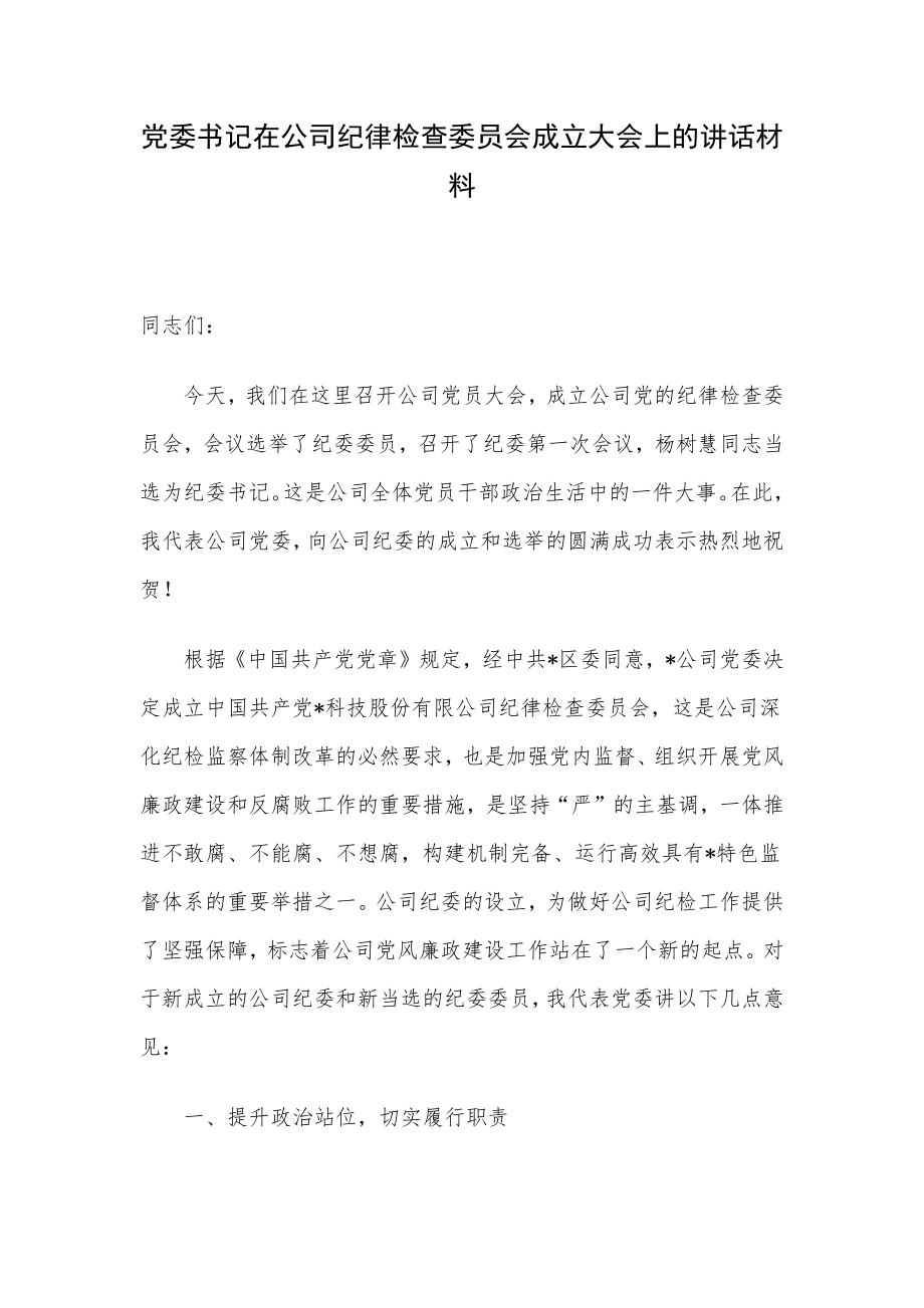 党委书记在公司纪律检查委员会成立大会上的讲话材料_第1页