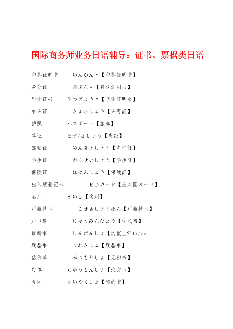 国际商务师业务日语辅导：证书、票据类日语_第1页