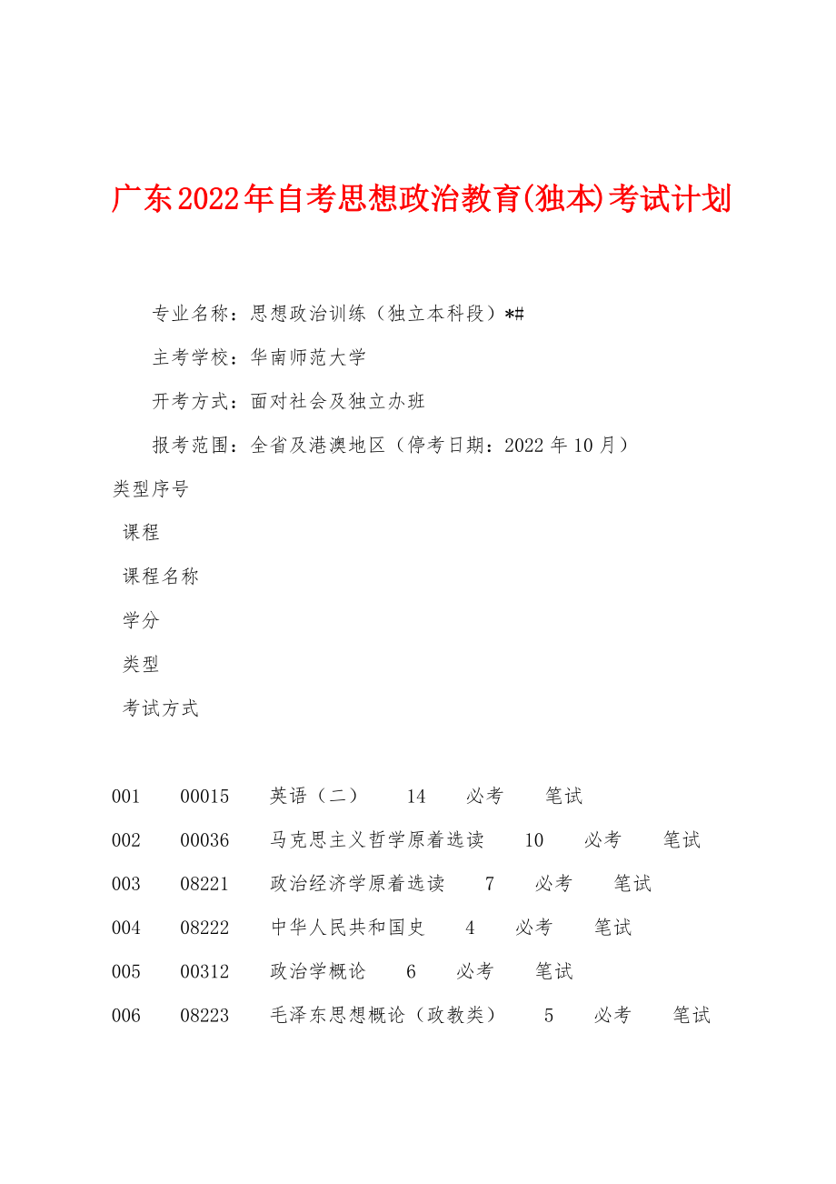 广东2022年自考思想政治教育(独本)考试计划_第1页