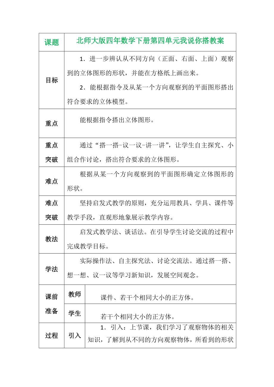 北师大版四年数学下册第四单元我说你搭教案_第1页