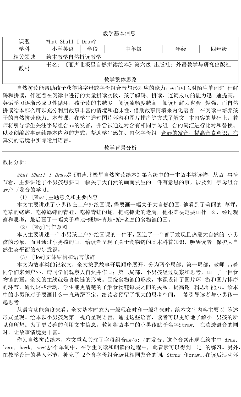 丽声北极星自然拼读绘本第六级 What Shall I Draw 教学设计_第1页