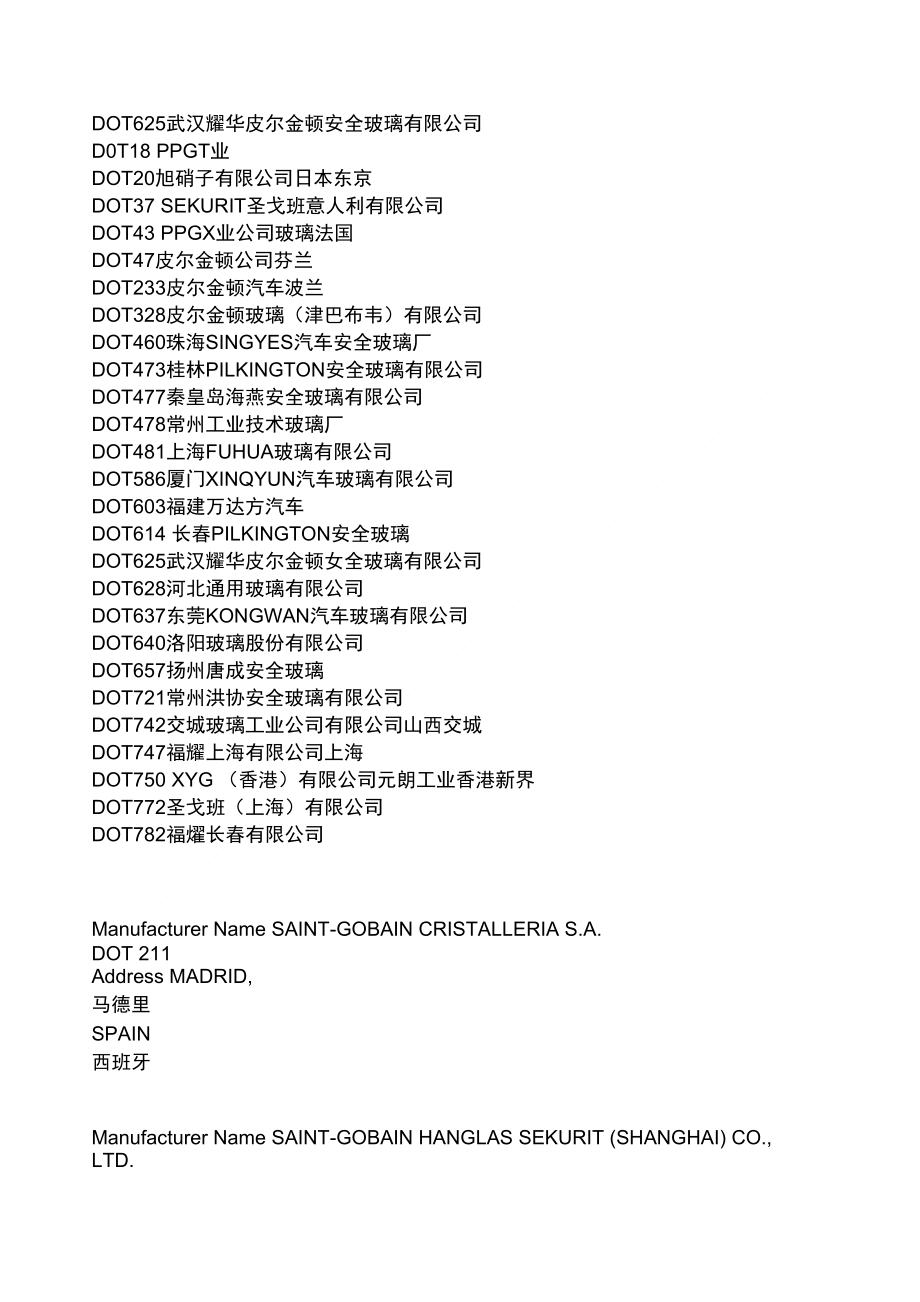 挡风玻璃制造商DOT部分代码_第1页
