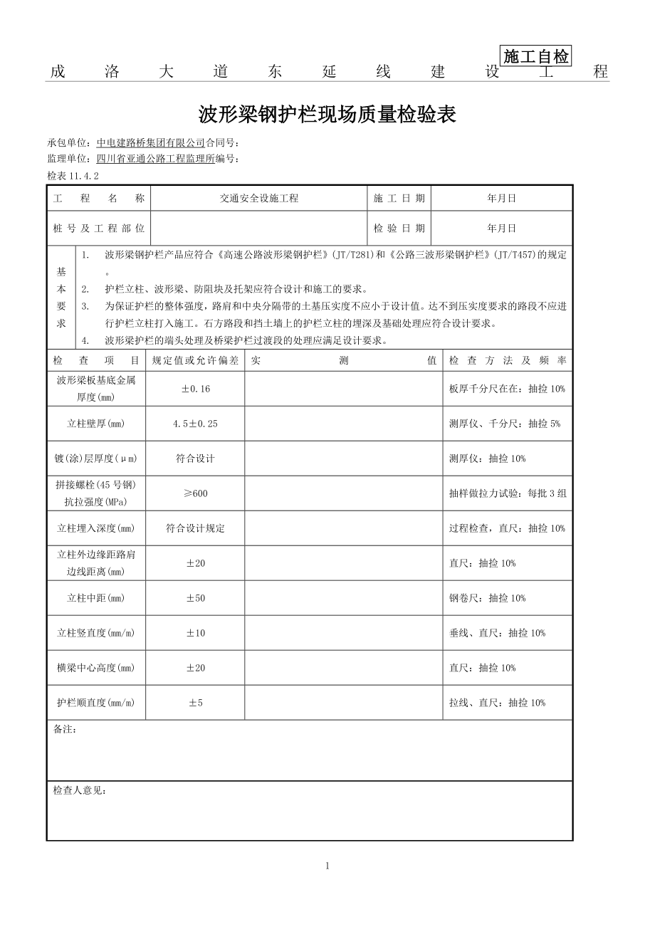 波形护栏现场质量检验表_第1页