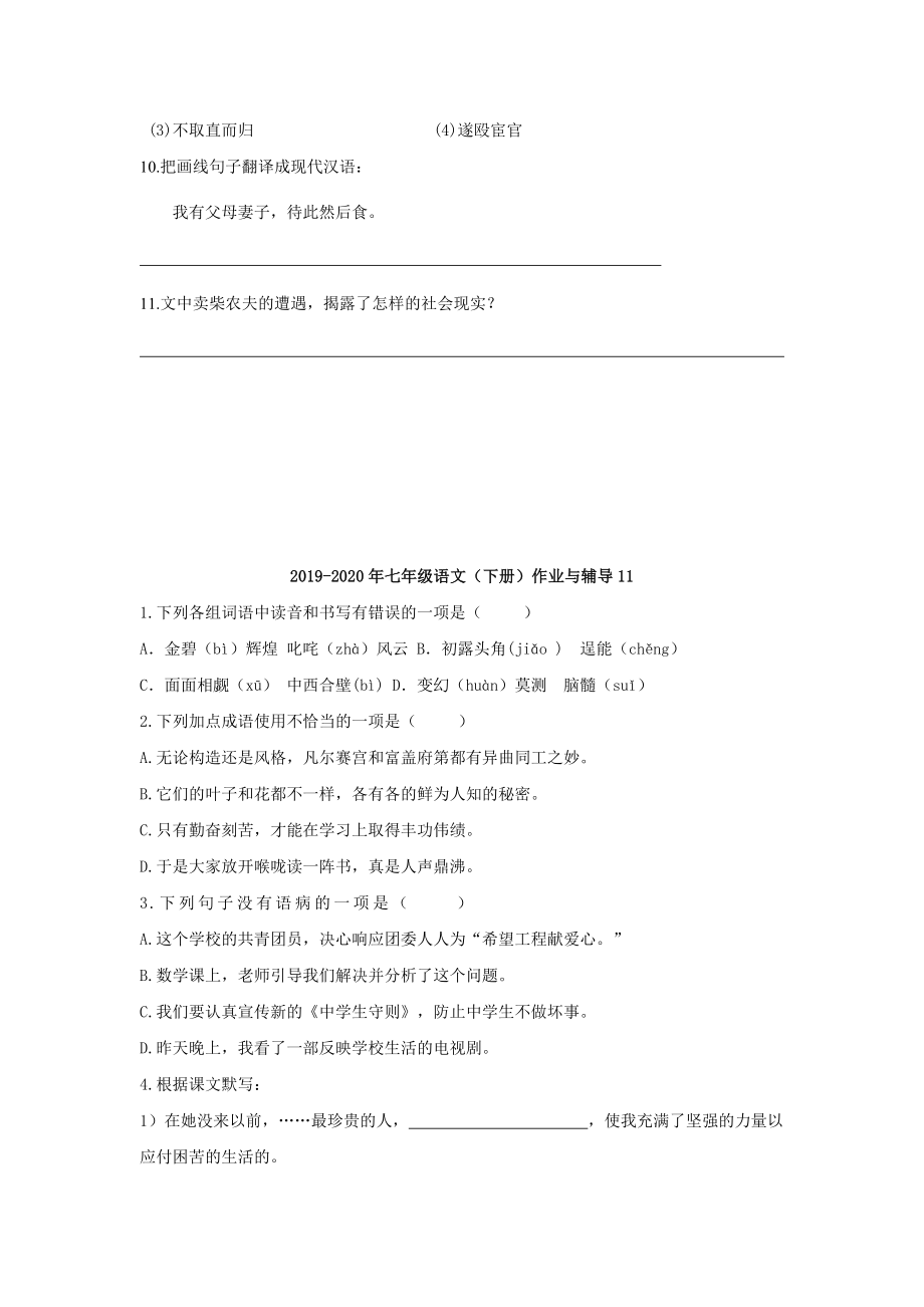 2019-2020年七年级语文(下册)作业与辅导11_第3页