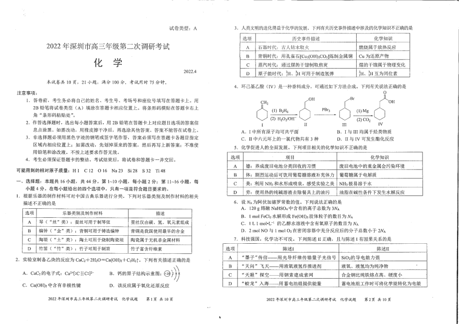 深圳市2022届高三第二次模拟考试化学试题_第1页