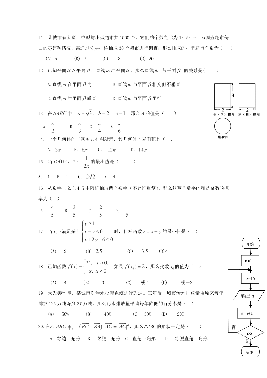 2019-2020年高三数学毕业班会考试卷_第2页