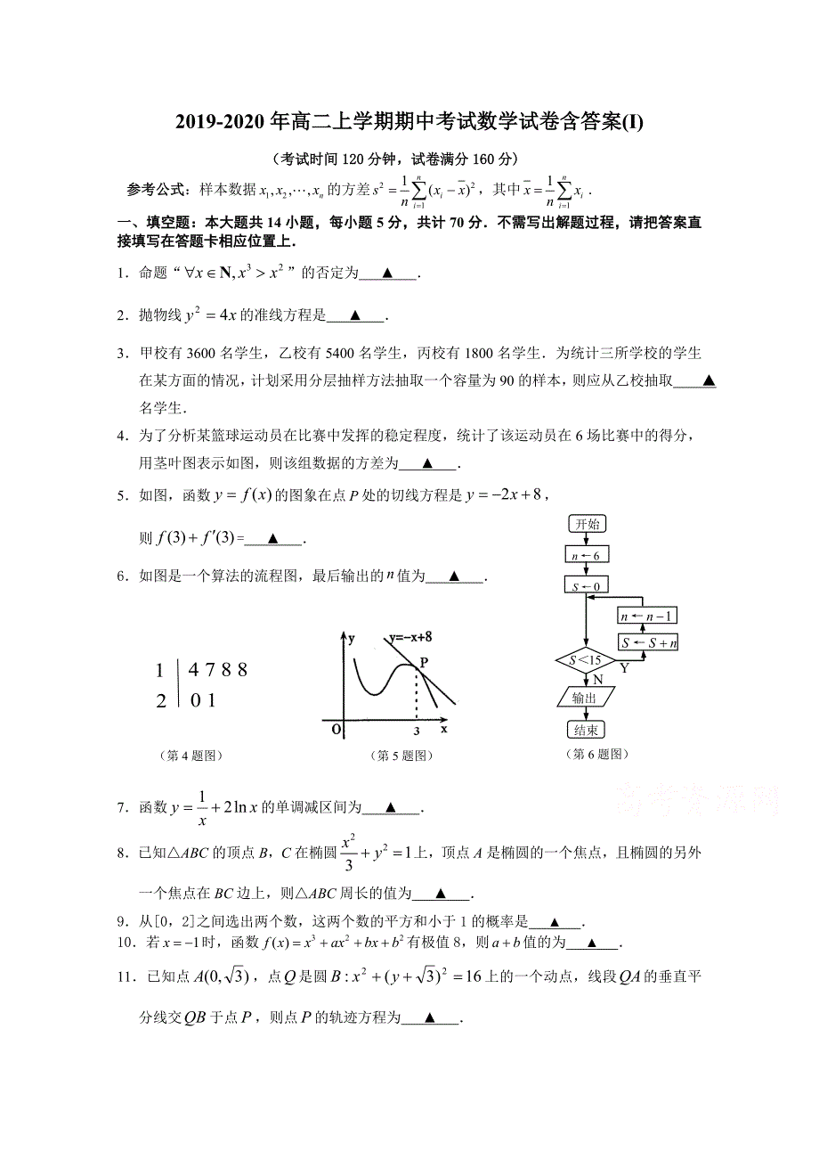 2019-2020年高二上学期期中考试数学试卷含答案(I)_第1页