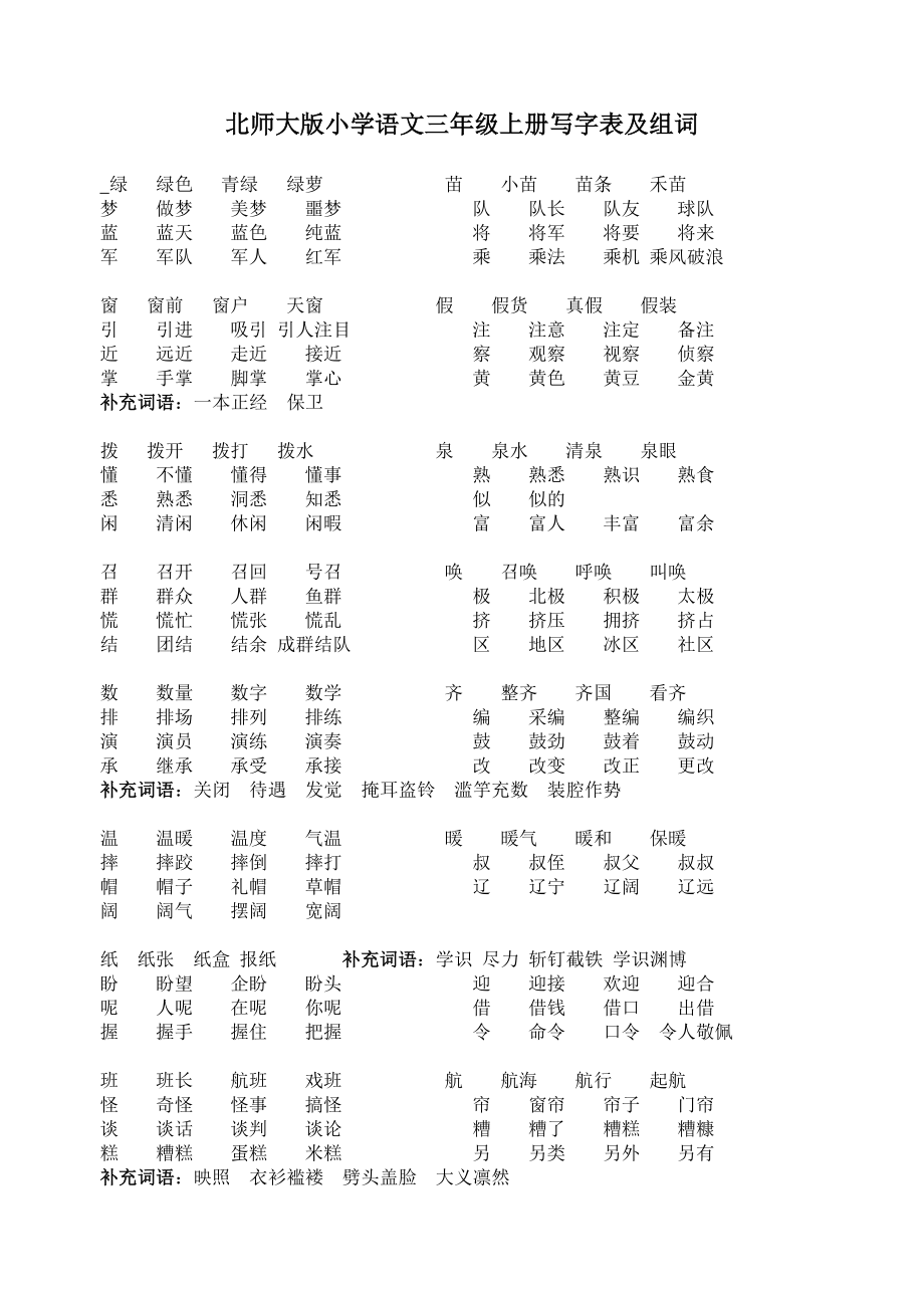 北师大版小学语文三年级上册写字表及组词_第1页